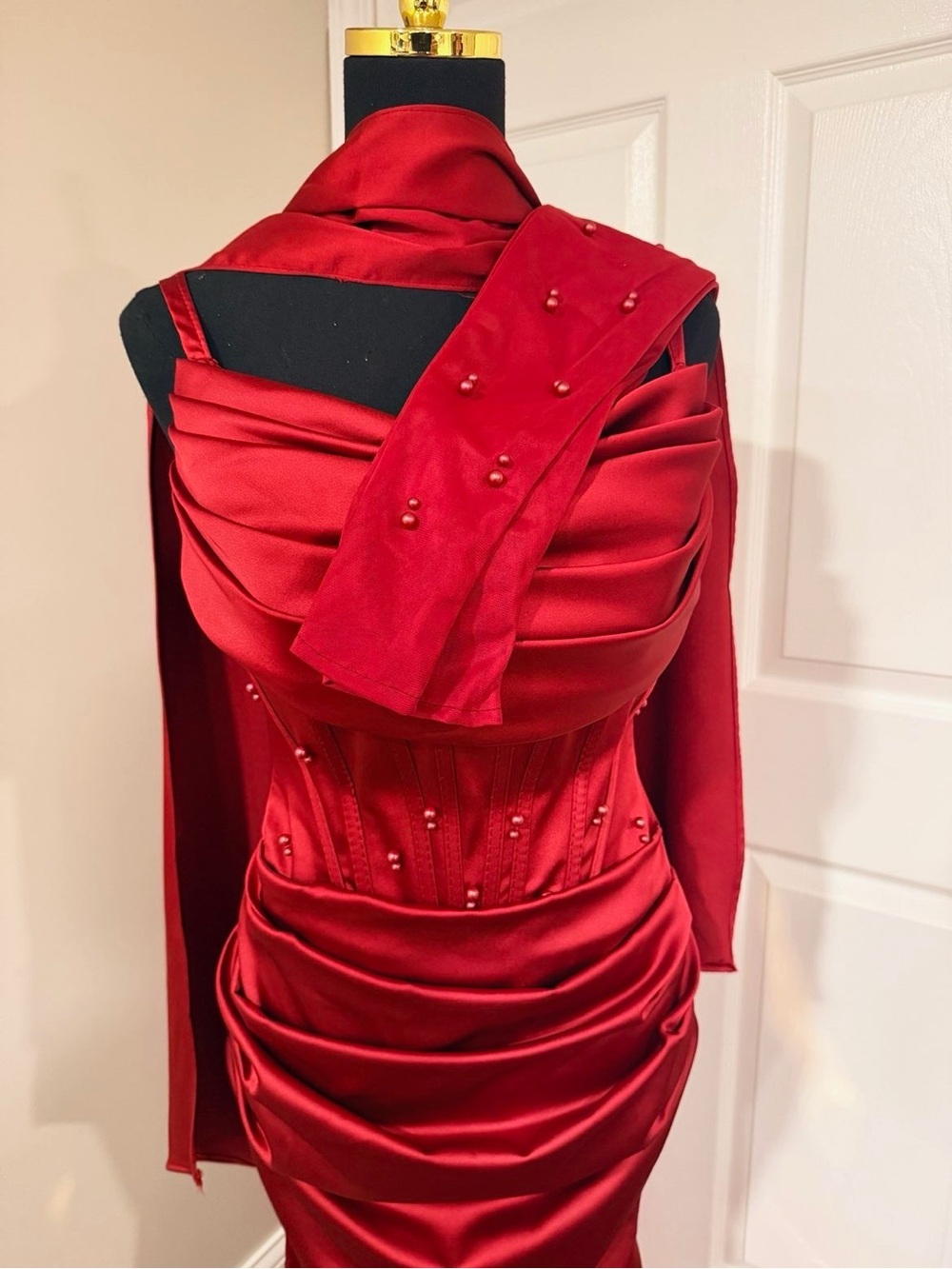 Elegant Red Satin Evening Dress with Draped neckline, Corset, sleeves and Shawl